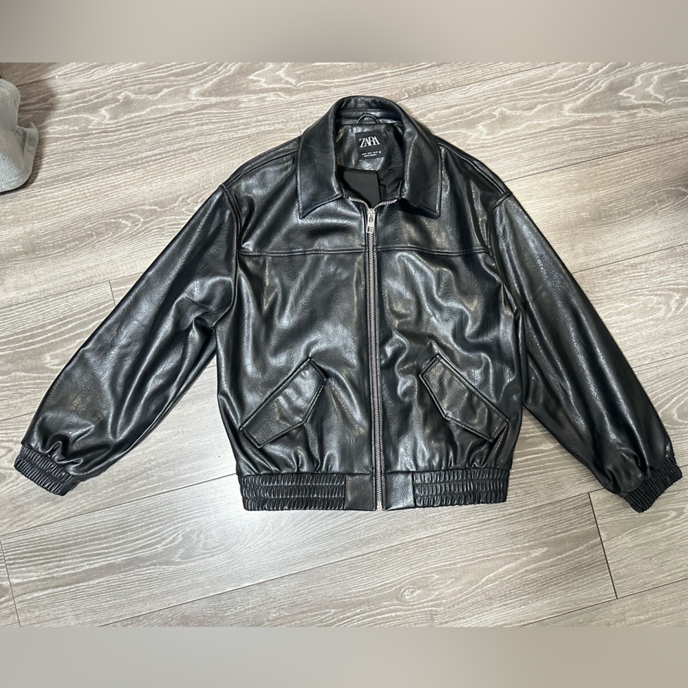 Zara - Black Bomber Jacket (PU Faux Leather) || Black